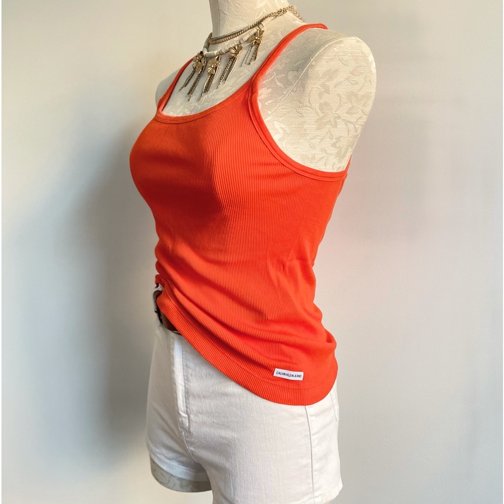 CK Calvin Klein Jeans Orange Basic Ribbed Racerback Spaghetti Strap Tank Summer - Picture 2 of 7